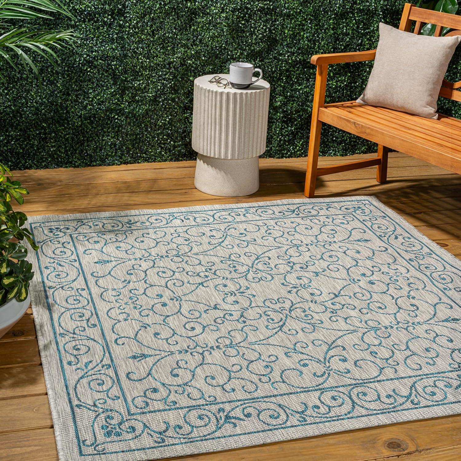 image:imageJONATHAN Y Vintage Filigree Indoor Outdoor Round Area Rug 5 Ft YellowCream Charleston Textured Weave for Backyard Patio Porch EasyCleaning High Traffic PetFriendly NonShedding SMB106L5RGrayTeal