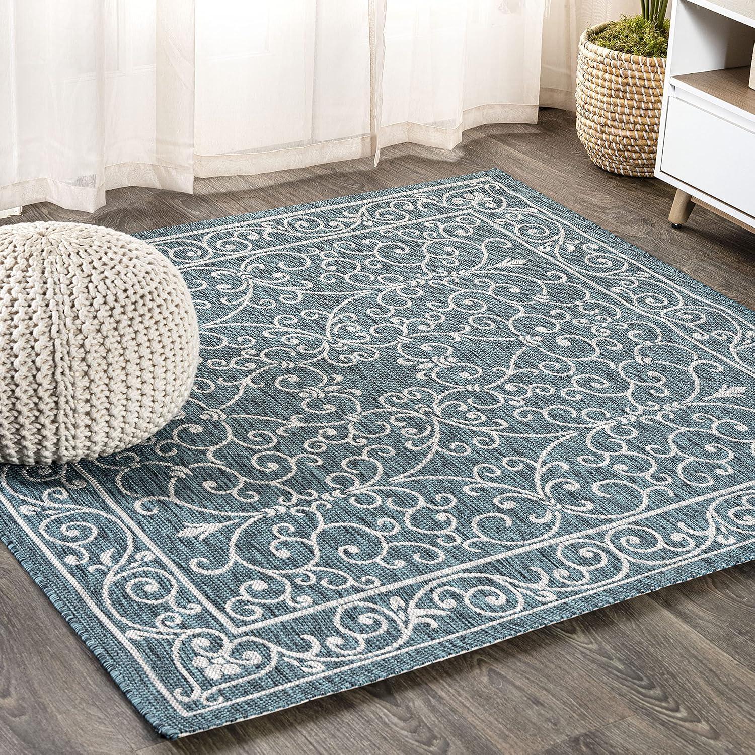 image:imageJONATHAN Y Vintage Filigree Indoor Outdoor Round Area Rug 5 Ft YellowCream Charleston Textured Weave for Backyard Patio Porch EasyCleaning High Traffic PetFriendly NonShedding SMB106L5RTealGray
