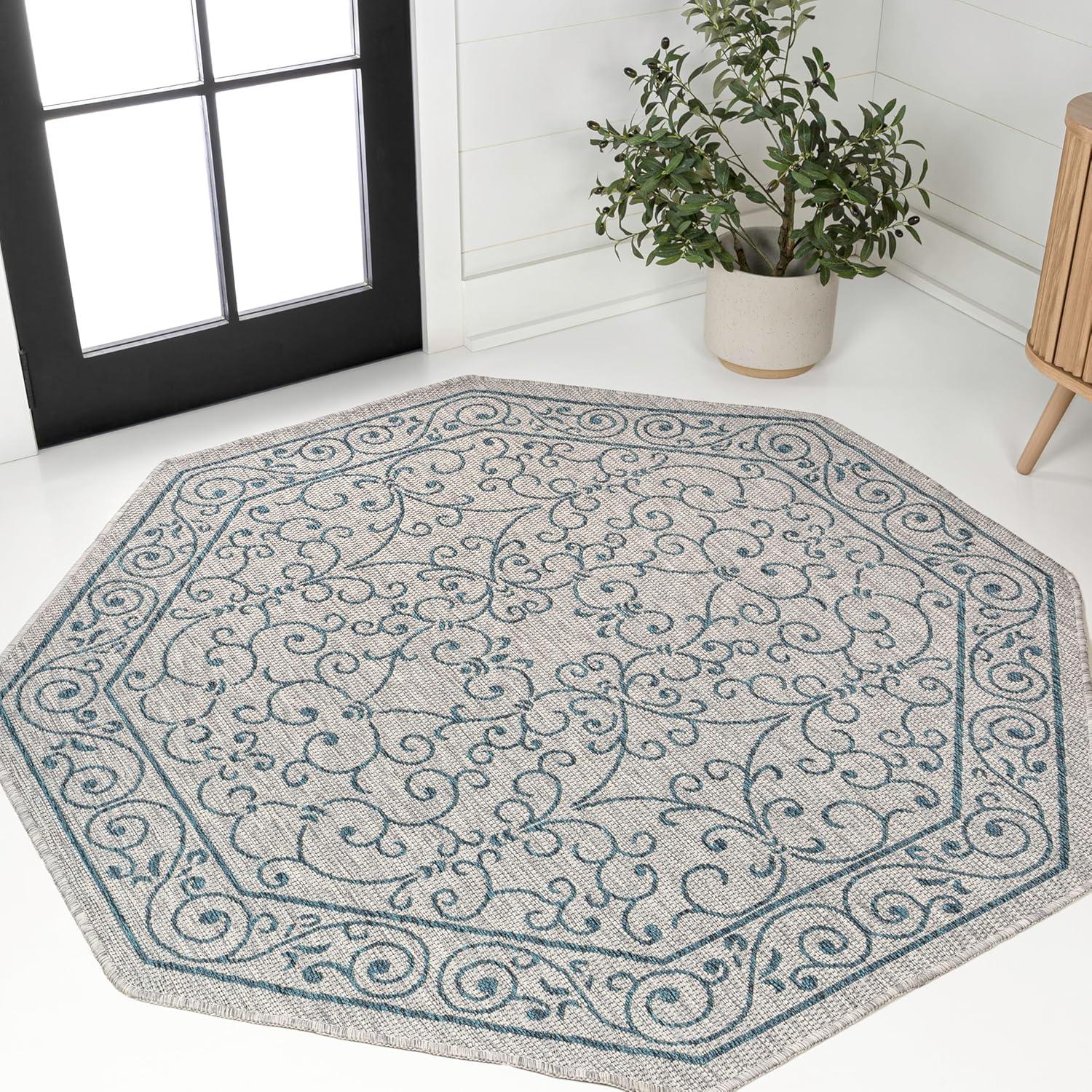 image:imageJONATHAN Y Vintage Filigree Indoor Outdoor Round Area Rug 5 Ft YellowCream Charleston Textured Weave for Backyard Patio Porch EasyCleaning High Traffic PetFriendly NonShedding SMB106L5RGrayTeal