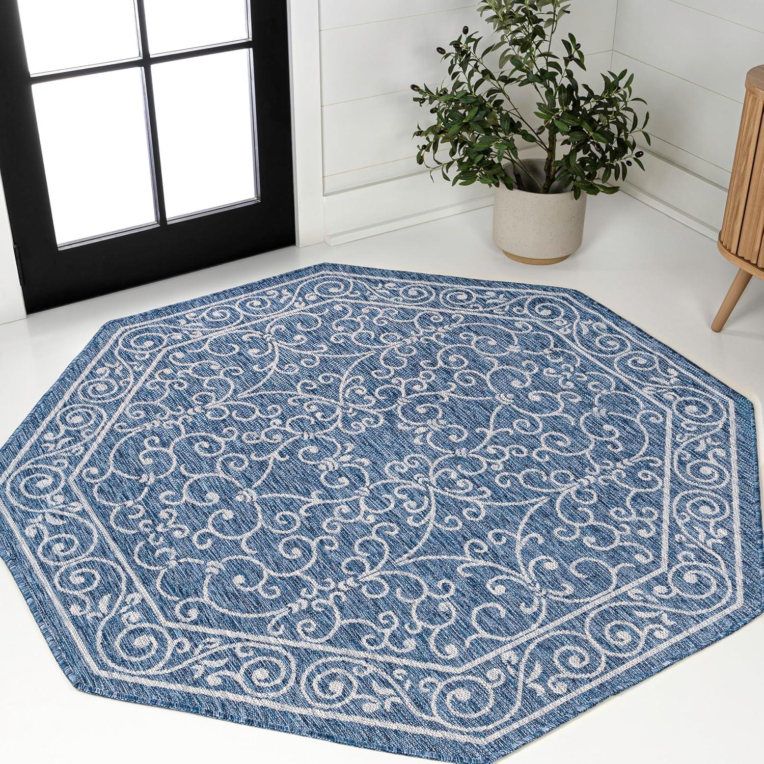 image:imageJONATHAN Y Vintage Filigree Indoor Outdoor Round Area Rug 5 Ft YellowCream Charleston Textured Weave for Backyard Patio Porch EasyCleaning High Traffic PetFriendly NonShedding SMB106L5RNavyGray