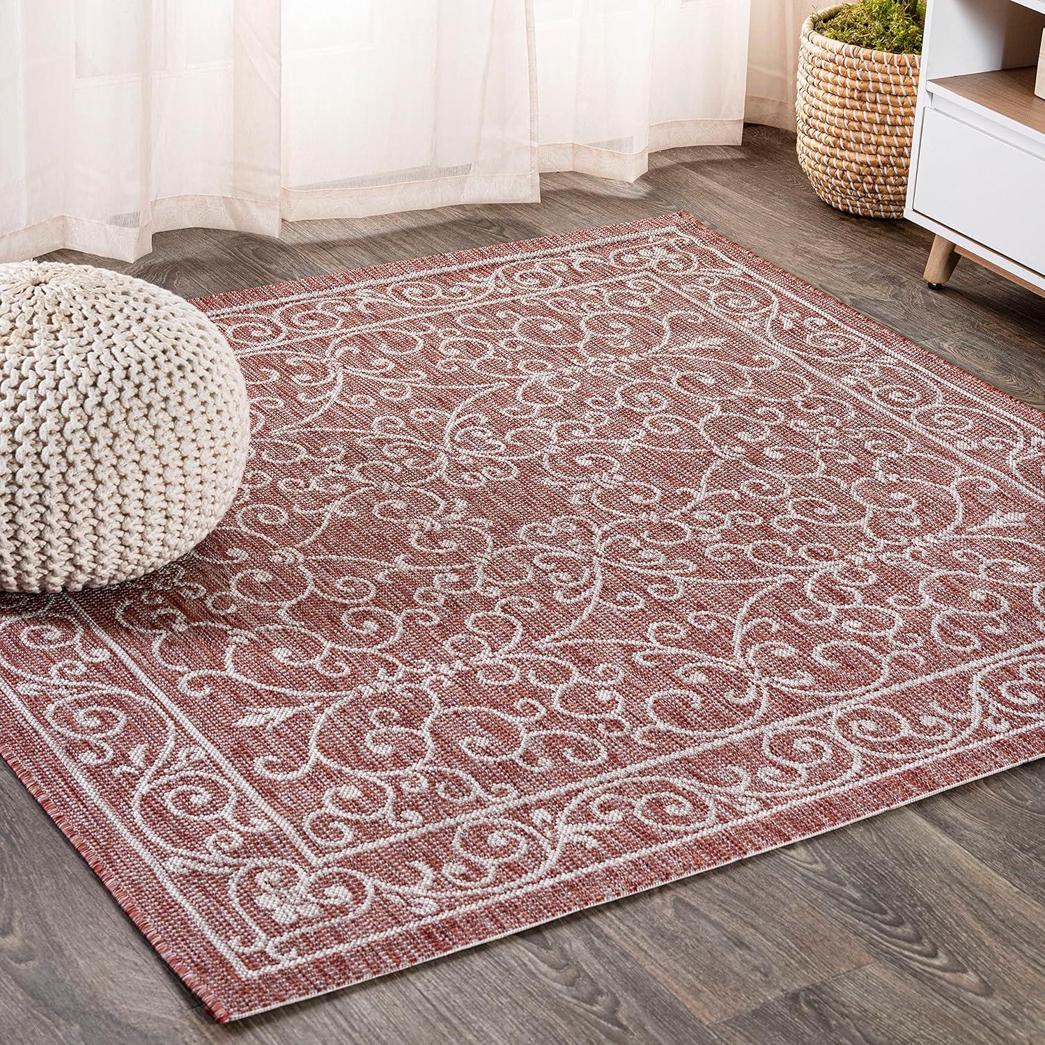 image:imageJONATHAN Y Vintage Filigree Indoor Outdoor Round Area Rug 5 Ft YellowCream Charleston Textured Weave for Backyard Patio Porch EasyCleaning High Traffic PetFriendly NonShedding SMB106L5RRedBeige