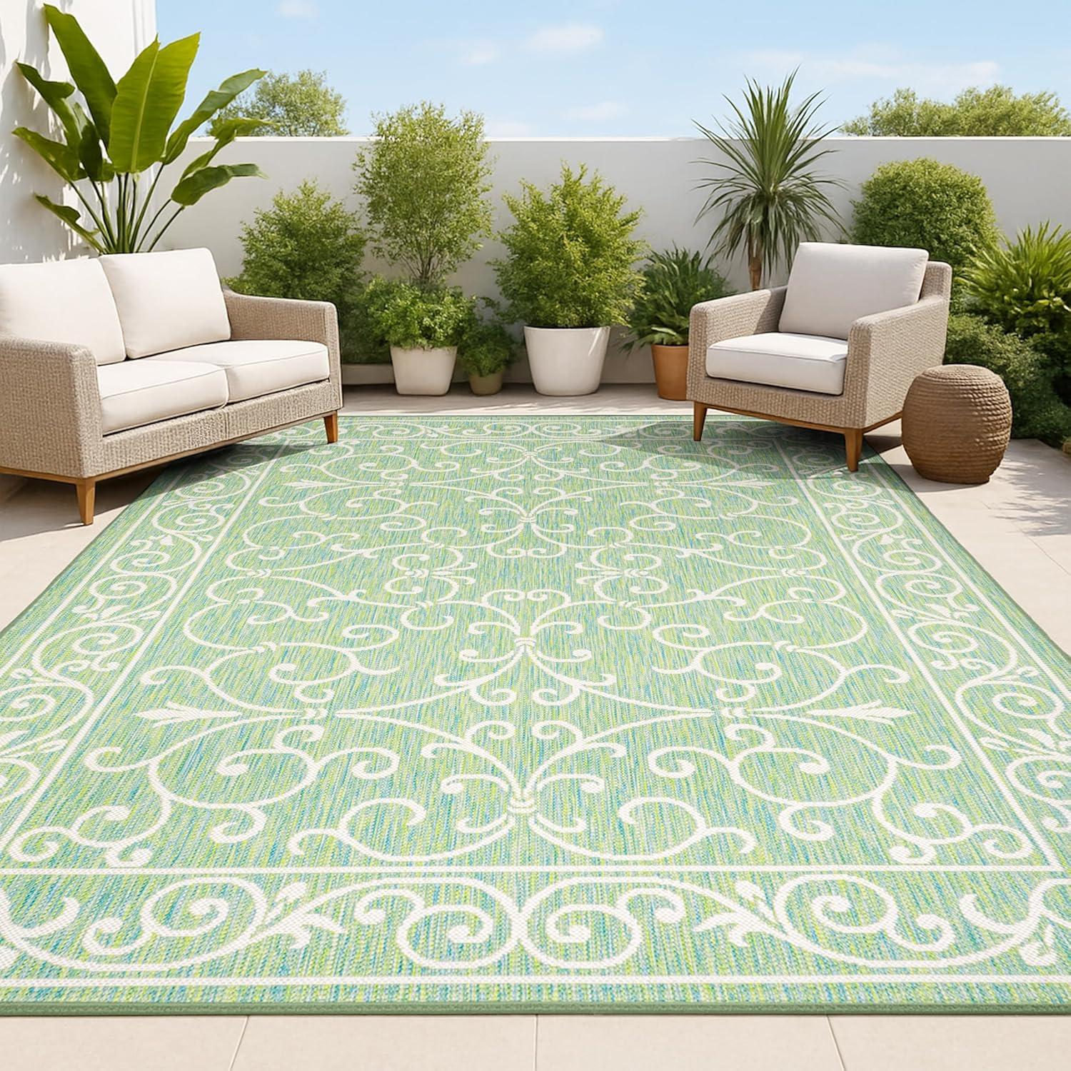 image:imageJONATHAN Y Vintage Filigree Indoor Outdoor Round Area Rug 5 Ft YellowCream Charleston Textured Weave for Backyard Patio Porch EasyCleaning High Traffic PetFriendly NonShedding SMB106L5RGreenIvory