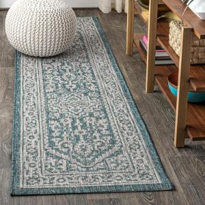 JONATHAN Y Medallion Weave Indoor Outdoor Round Area Rug 5 Ft Yellow/Cream, Sinjuri Textured for Backyard, Patio, Porch, Easy-Cleaning, High Traffic, Pet-Friendly, Non-Shedding (SMB101I-5R)(Teal Blue/Gray)