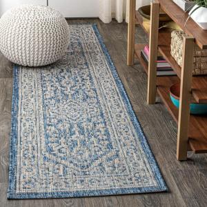 JONATHAN Y Medallion Weave Indoor Outdoor Round Area Rug 5 Ft Yellow/Cream, Sinjuri Textured for Backyard, Patio, Porch, Easy-Cleaning, High Traffic, Pet-Friendly, Non-Shedding (SMB101I-5R)(Navy/Gray)