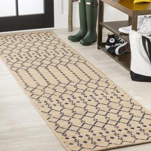 JONATHAN Y Moroccan Geometric Indoor Outdoor Square Area Rug 5X5 Navy/Beige, Ourika Textured Weave for Backyard, Patio, Porch, Easy-Cleaning, High Traffic, Pet-Friendly, Non-Shedding (SMB108K-5SQ)(Beige/Navy)