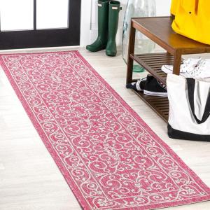 JONATHAN Y Vintage Filigree Indoor Outdoor Round Area Rug 5 Ft Yellow/Cream, Charleston Textured Weave for Backyard, Patio, Porch, Easy-Cleaning, High Traffic, Pet-Friendly, Non-Shedding (SMB106L-5R)(Fuchsia/Light Gray)
