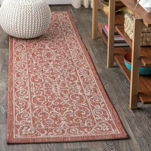JONATHAN Y Vintage Filigree Indoor Outdoor Round Area Rug 5 Ft Yellow/Cream, Charleston Textured Weave for Backyard, Patio, Porch, Easy-Cleaning, High Traffic, Pet-Friendly, Non-Shedding (SMB106L-5R)(Red/Beige)