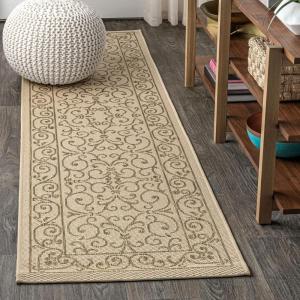 JONATHAN Y Vintage Filigree Indoor Outdoor Round Area Rug 5 Ft Yellow/Cream, Charleston Textured Weave for Backyard, Patio, Porch, Easy-Cleaning, High Traffic, Pet-Friendly, Non-Shedding (SMB106L-5R)(Beige/Brown)