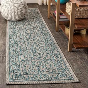 JONATHAN Y Vintage Filigree Indoor Outdoor Round Area Rug 5 Ft Yellow/Cream, Charleston Textured Weave for Backyard, Patio, Porch, Easy-Cleaning, High Traffic, Pet-Friendly, Non-Shedding (SMB106L-5R)(Gray/Teal)