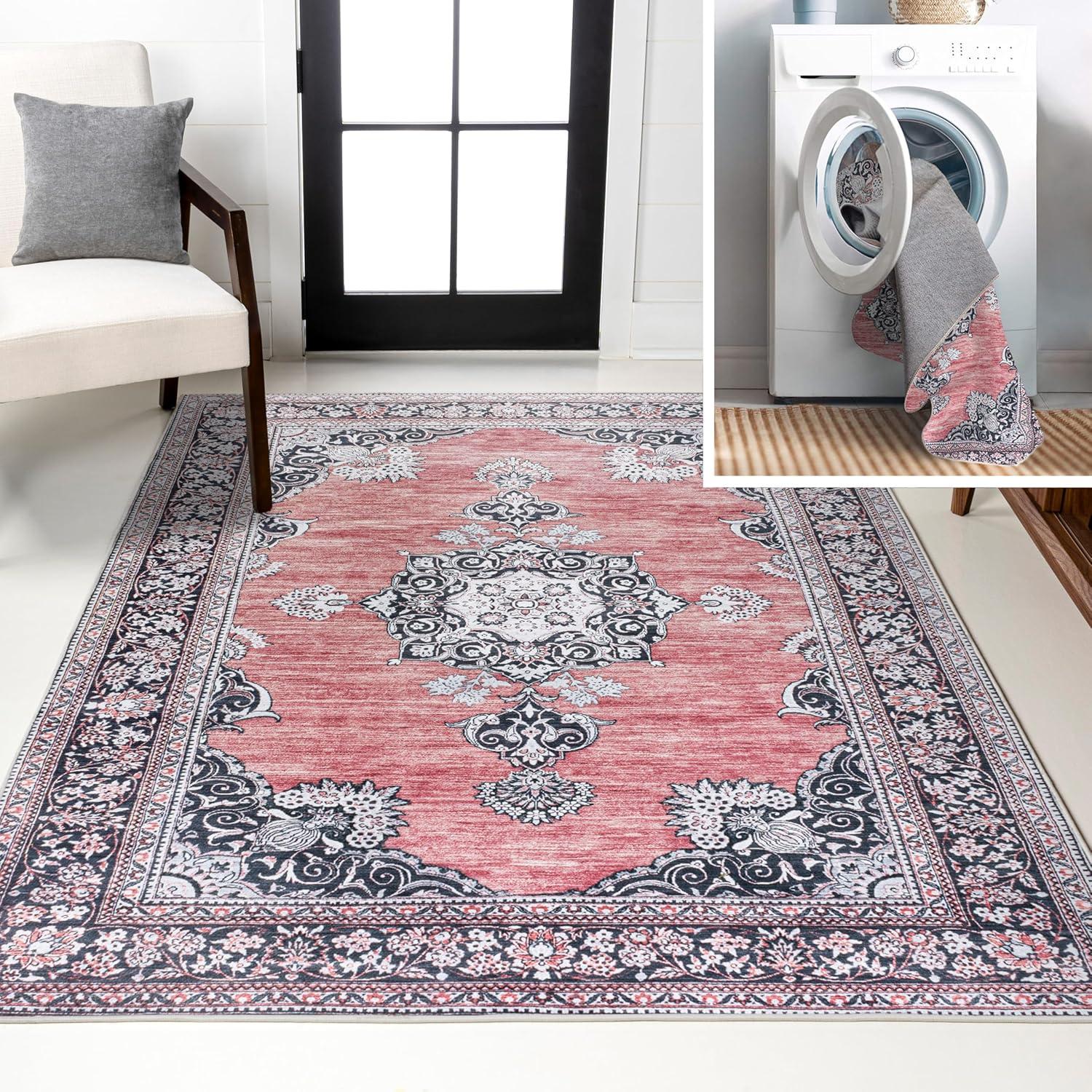image:imageJONATHAN Y Machine Washable Indoor Area Rug 3X5 Dark PinkBlackWhite Bausch Bohemian Distressed Chenille for Living Room Bedroom Kitchen EasyCleaning PetFriendly NonShedding WSH201B3Bauschdark PinkBlackWhite