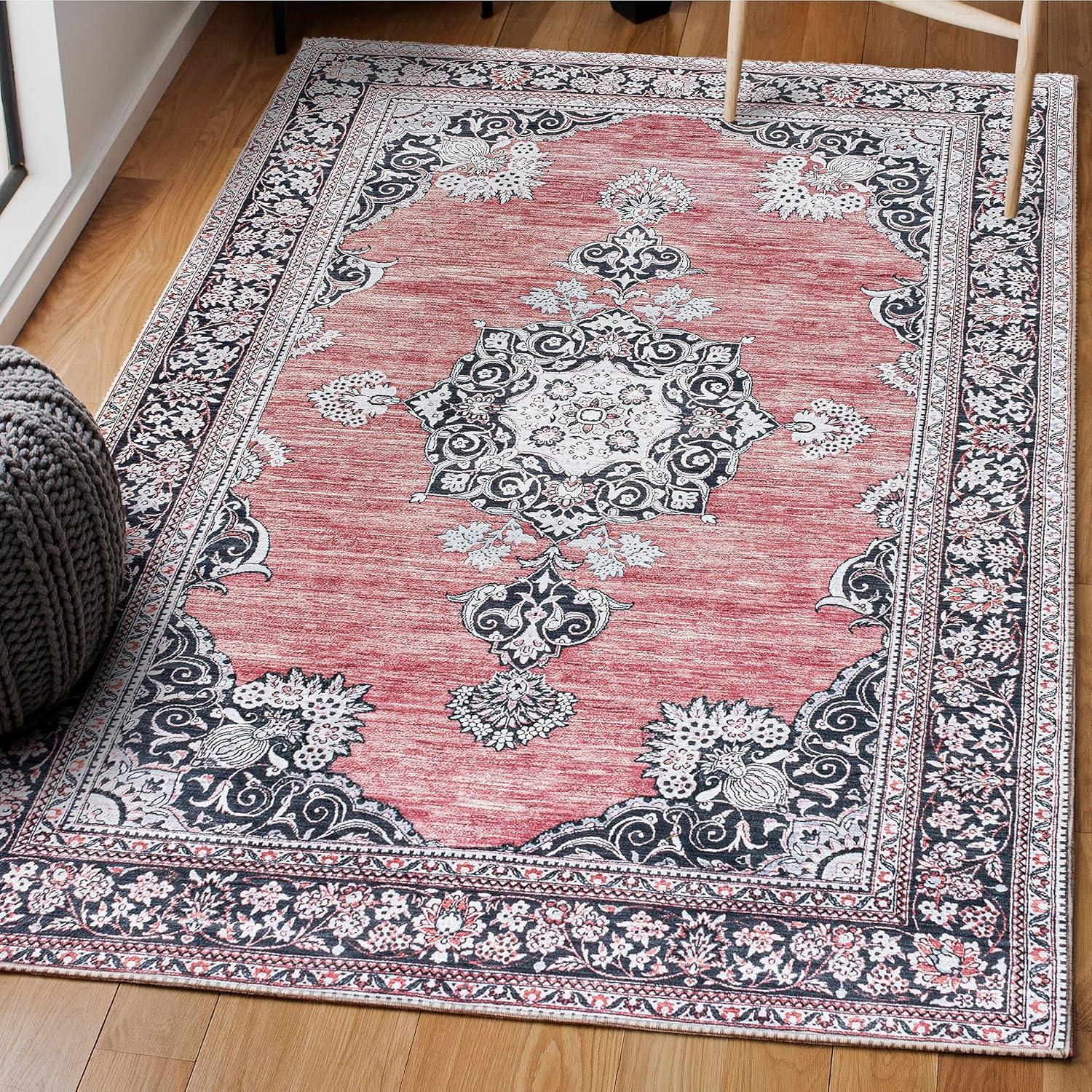 image:imageJONATHAN Y Machine Washable Indoor Area Rug 3X5 Dark PinkBlackWhite Bausch Bohemian Distressed Chenille for Living Room Bedroom Kitchen EasyCleaning PetFriendly NonShedding WSH201B3Bauschdark PinkBlackWhite