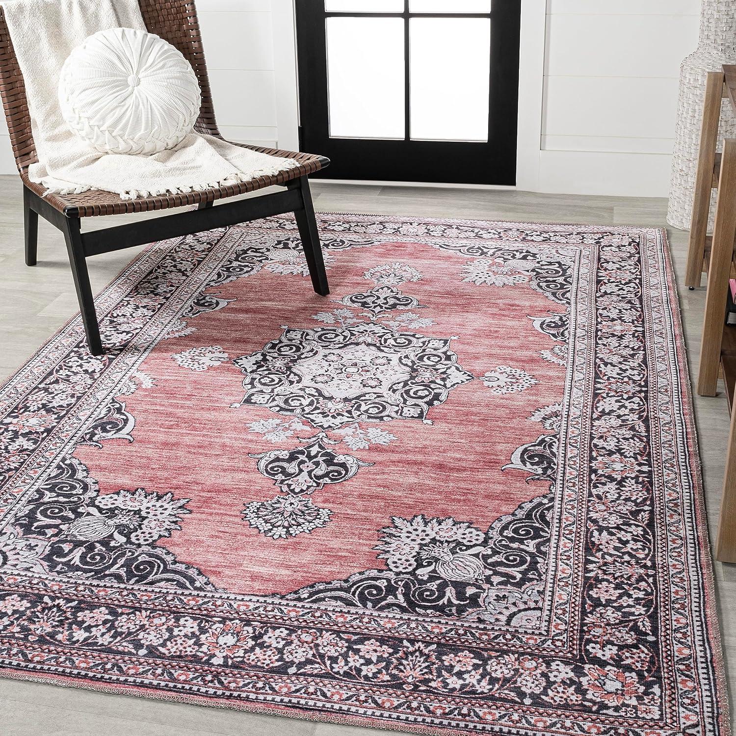image:imageJONATHAN Y Machine Washable Indoor Area Rug 3X5 Dark PinkBlackWhite Bausch Bohemian Distressed Chenille for Living Room Bedroom Kitchen EasyCleaning PetFriendly NonShedding WSH201B3Bauschdark PinkBlackWhite