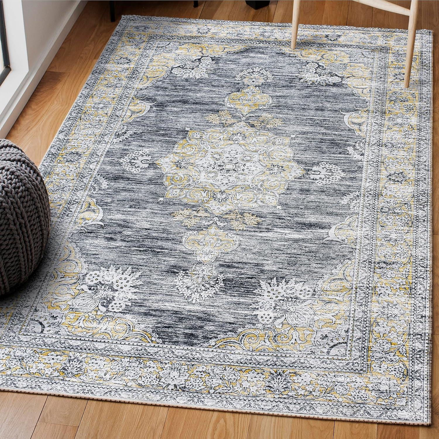 image:imageJONATHAN Y Machine Washable Indoor Area Rug 3X5 Dark PinkBlackWhite Bausch Bohemian Distressed Chenille for Living Room Bedroom Kitchen EasyCleaning PetFriendly NonShedding WSH201B3Bauschdark GrayYellow