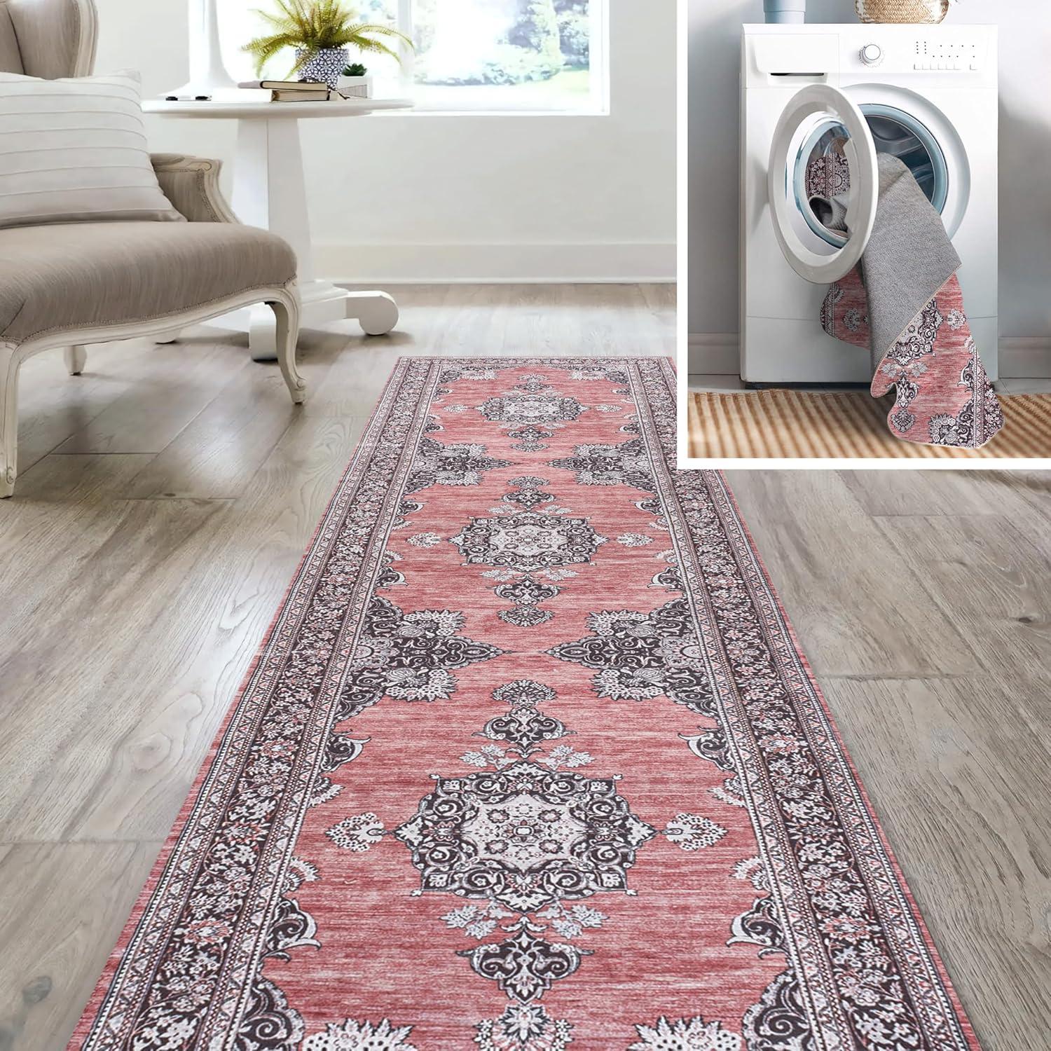 image:imageJONATHAN Y Machine Washable Indoor Area Rug 3X5 Dark PinkBlackWhite Bausch Bohemian Distressed Chenille for Living Room Bedroom Kitchen EasyCleaning PetFriendly NonShedding WSH201B3Bauschdark PinkBlackWhite