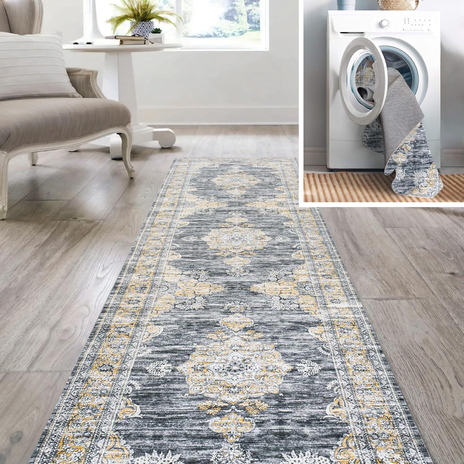 image:imageJONATHAN Y Machine Washable Indoor Area Rug 3X5 Dark PinkBlackWhite Bausch Bohemian Distressed Chenille for Living Room Bedroom Kitchen EasyCleaning PetFriendly NonShedding WSH201B3Bauschdark GrayYellow