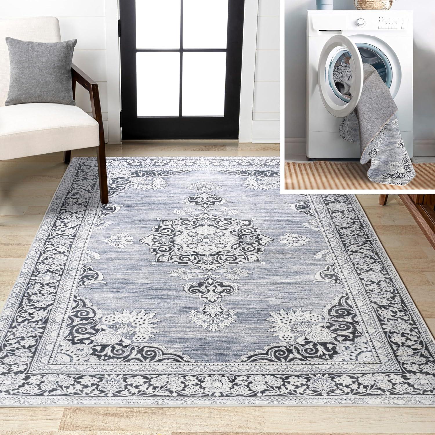 image:imageJONATHAN Y Machine Washable Indoor Area Rug 3X5 Dark PinkBlackWhite Bausch Bohemian Distressed Chenille for Living Room Bedroom Kitchen EasyCleaning PetFriendly NonShedding WSH201B3BauschgrayWhite