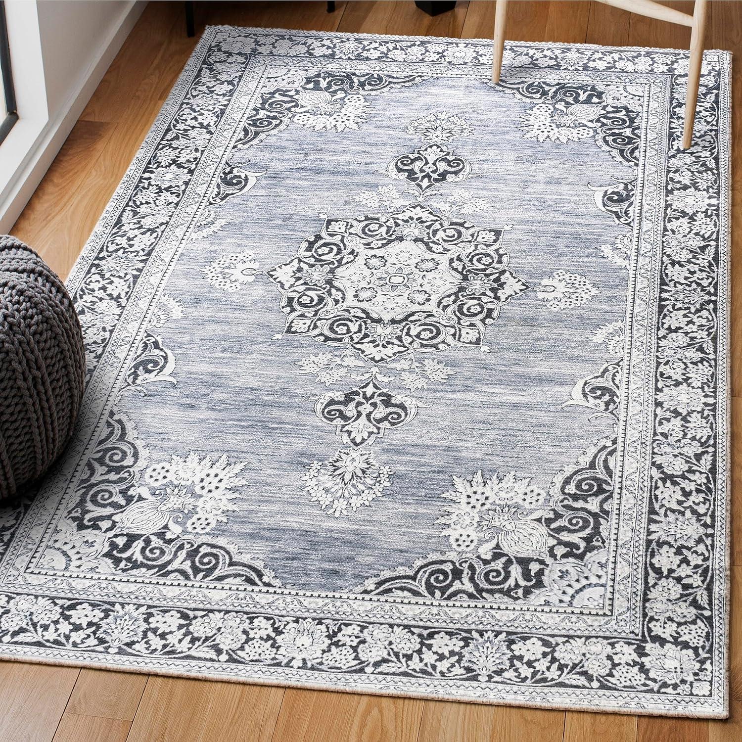 image:imageJONATHAN Y Machine Washable Indoor Area Rug 3X5 Dark PinkBlackWhite Bausch Bohemian Distressed Chenille for Living Room Bedroom Kitchen EasyCleaning PetFriendly NonShedding WSH201B3BauschgrayWhite