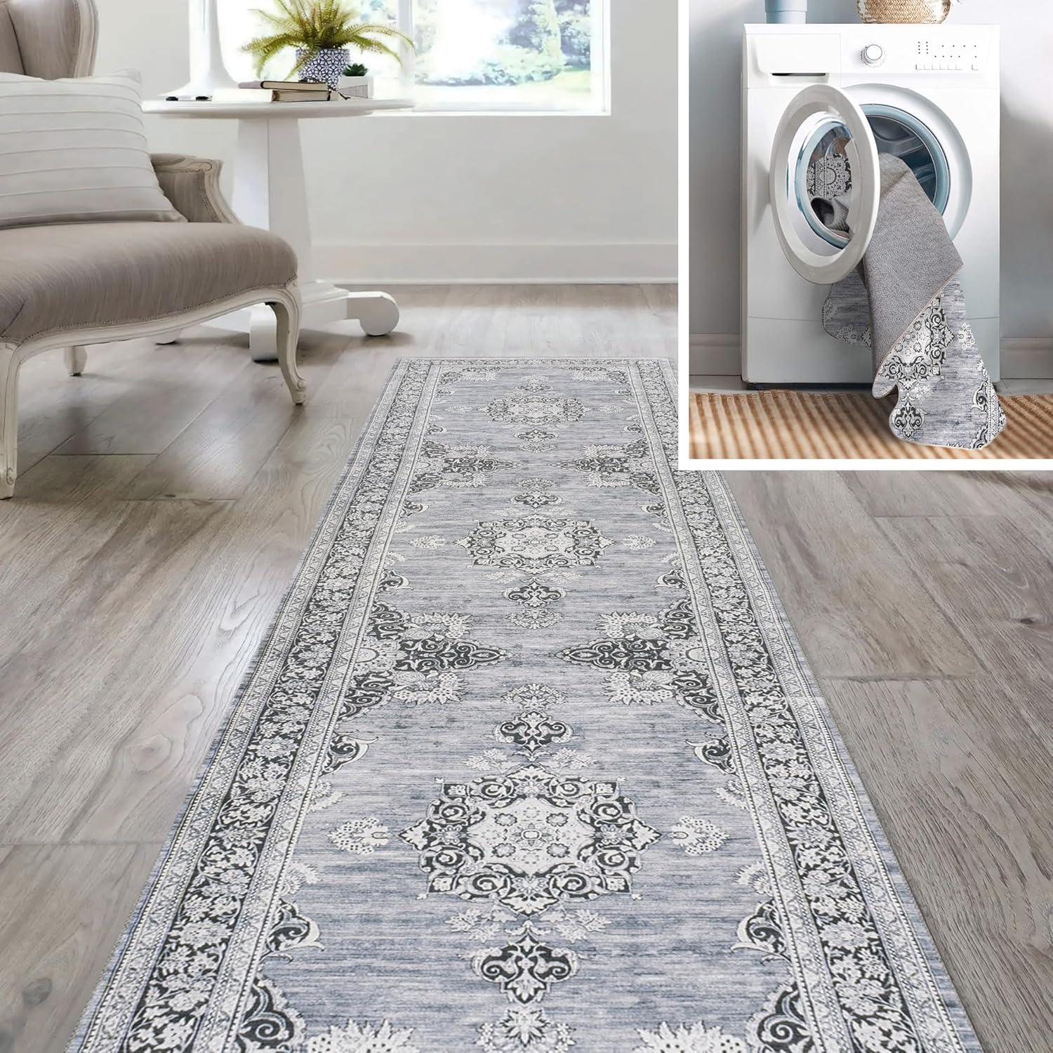 image:imageJONATHAN Y Machine Washable Indoor Area Rug 3X5 Dark PinkBlackWhite Bausch Bohemian Distressed Chenille for Living Room Bedroom Kitchen EasyCleaning PetFriendly NonShedding WSH201B3BauschgrayWhite