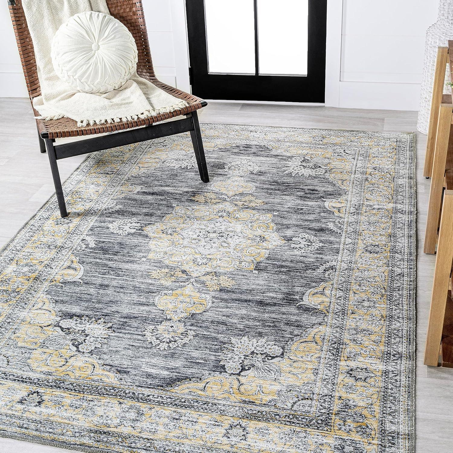 image:imageJONATHAN Y Machine Washable Indoor Area Rug 3X5 Dark PinkBlackWhite Bausch Bohemian Distressed Chenille for Living Room Bedroom Kitchen EasyCleaning PetFriendly NonShedding WSH201B3Bauschdark GrayYellow