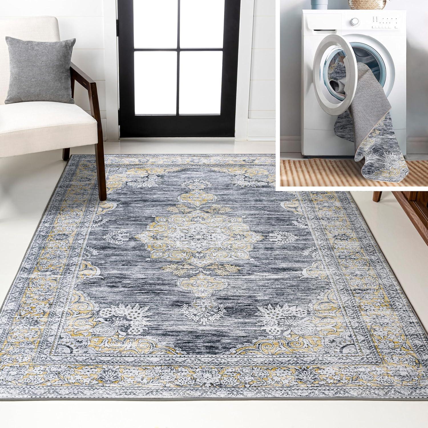 image:imageJONATHAN Y Machine Washable Indoor Area Rug 3X5 Dark PinkBlackWhite Bausch Bohemian Distressed Chenille for Living Room Bedroom Kitchen EasyCleaning PetFriendly NonShedding WSH201B3Bauschdark GrayYellow