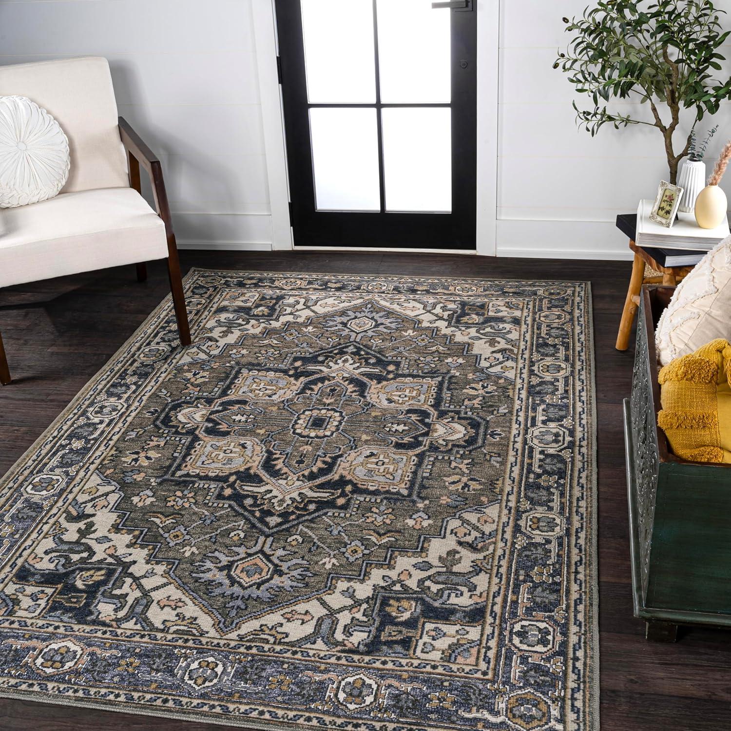 image:imageJONATHAN Y Machine Washable Indoor Area Rug 3X5 GreenNavyCream Cirali Ornate Large Medallion for Living Room Bedroom Kitchen Office EasyCleaning PetFriendly NonShedding WSH105C3CiraligreenNavyCream