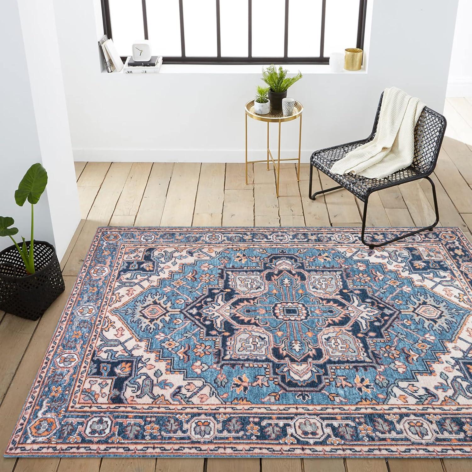 image:imageJONATHAN Y Machine Washable Indoor Area Rug 3X5 GreenNavyCream Cirali Ornate Large Medallion for Living Room Bedroom Kitchen Office EasyCleaning PetFriendly NonShedding WSH105C3CiraliblueBeige