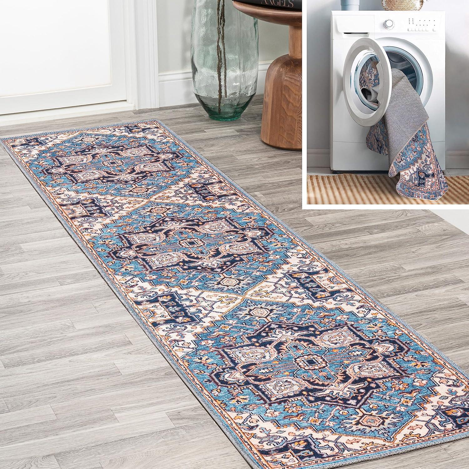 image:imageJONATHAN Y Machine Washable Indoor Area Rug 3X5 GreenNavyCream Cirali Ornate Large Medallion for Living Room Bedroom Kitchen Office EasyCleaning PetFriendly NonShedding WSH105C3CiraliblueBeige