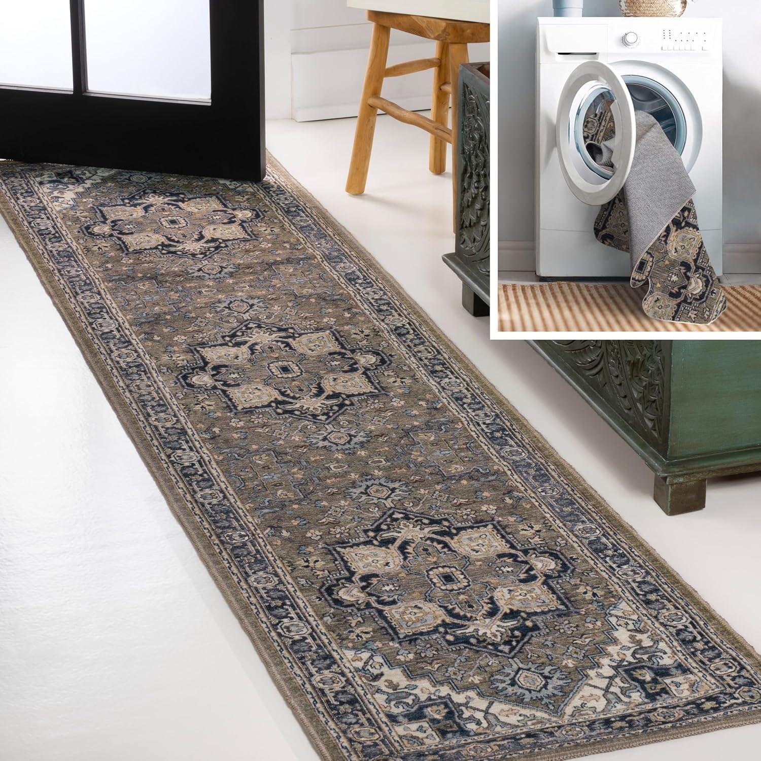 image:imageJONATHAN Y Machine Washable Indoor Area Rug 3X5 GreenNavyCream Cirali Ornate Large Medallion for Living Room Bedroom Kitchen Office EasyCleaning PetFriendly NonShedding WSH105C3CiraligreenNavyCream