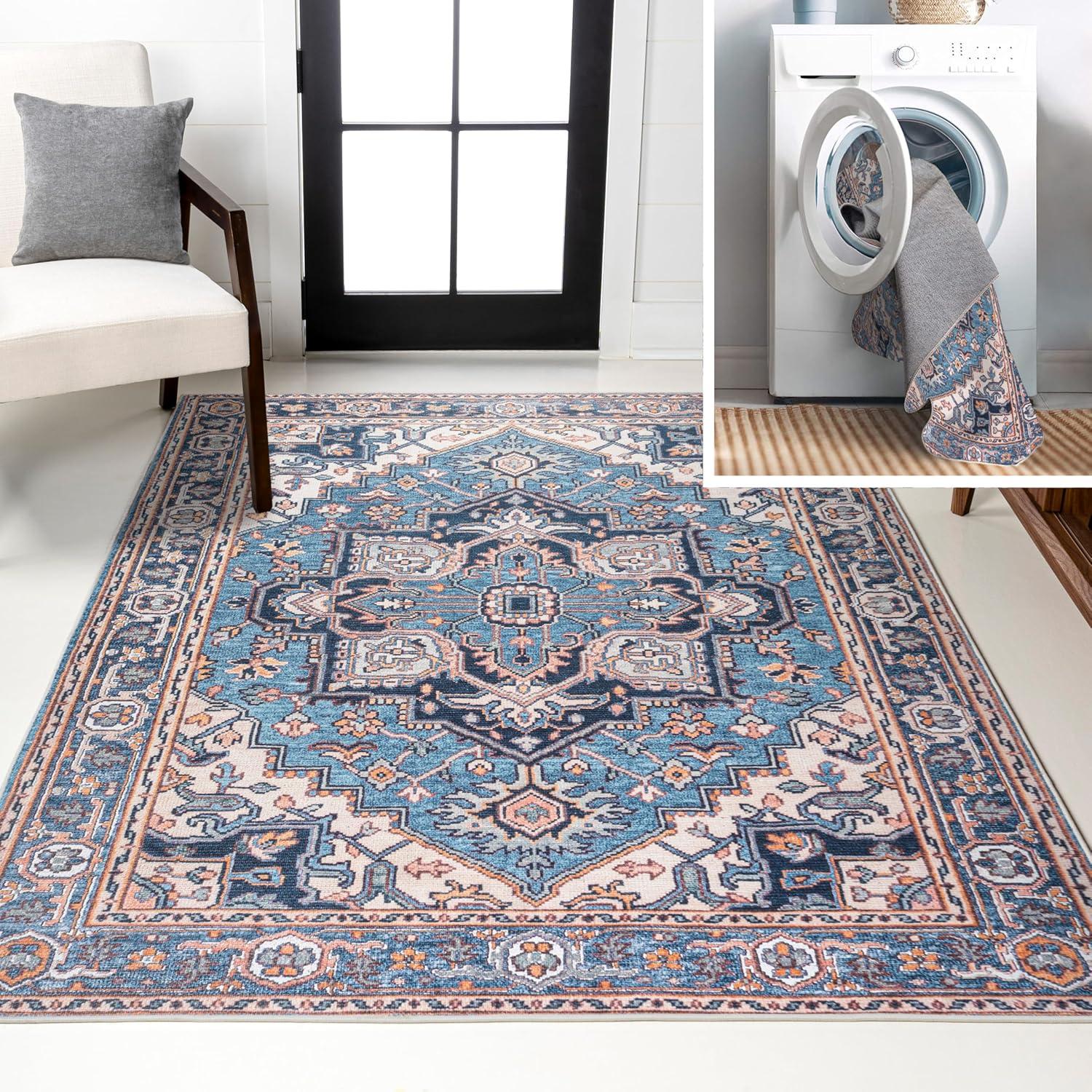 image:imageJONATHAN Y Machine Washable Indoor Area Rug 3X5 GreenNavyCream Cirali Ornate Large Medallion for Living Room Bedroom Kitchen Office EasyCleaning PetFriendly NonShedding WSH105C3CiraliblueBeige