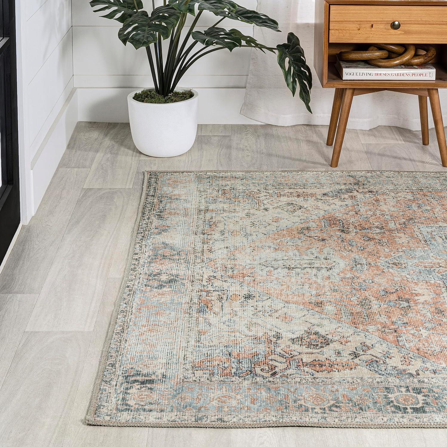 image:imageJONATHAN Y Machine Washable TerraBlue Indoor Area Rug 3X5 ft Armae Distressed Medallion Chenille for Living Room Bedroom Kitchen Office EasyCleaning PetFriendly NonShedding WSH200A3
