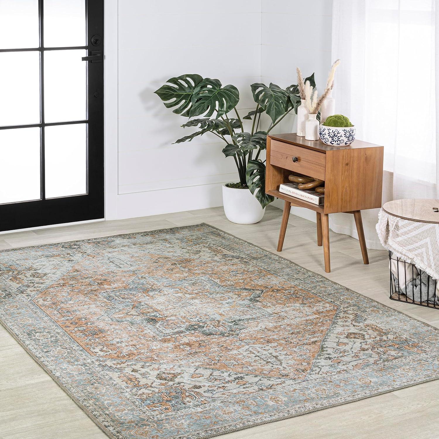 image:imageJONATHAN Y Machine Washable TerraBlue Indoor Area Rug 3X5 ft Armae Distressed Medallion Chenille for Living Room Bedroom Kitchen Office EasyCleaning PetFriendly NonShedding WSH200A3