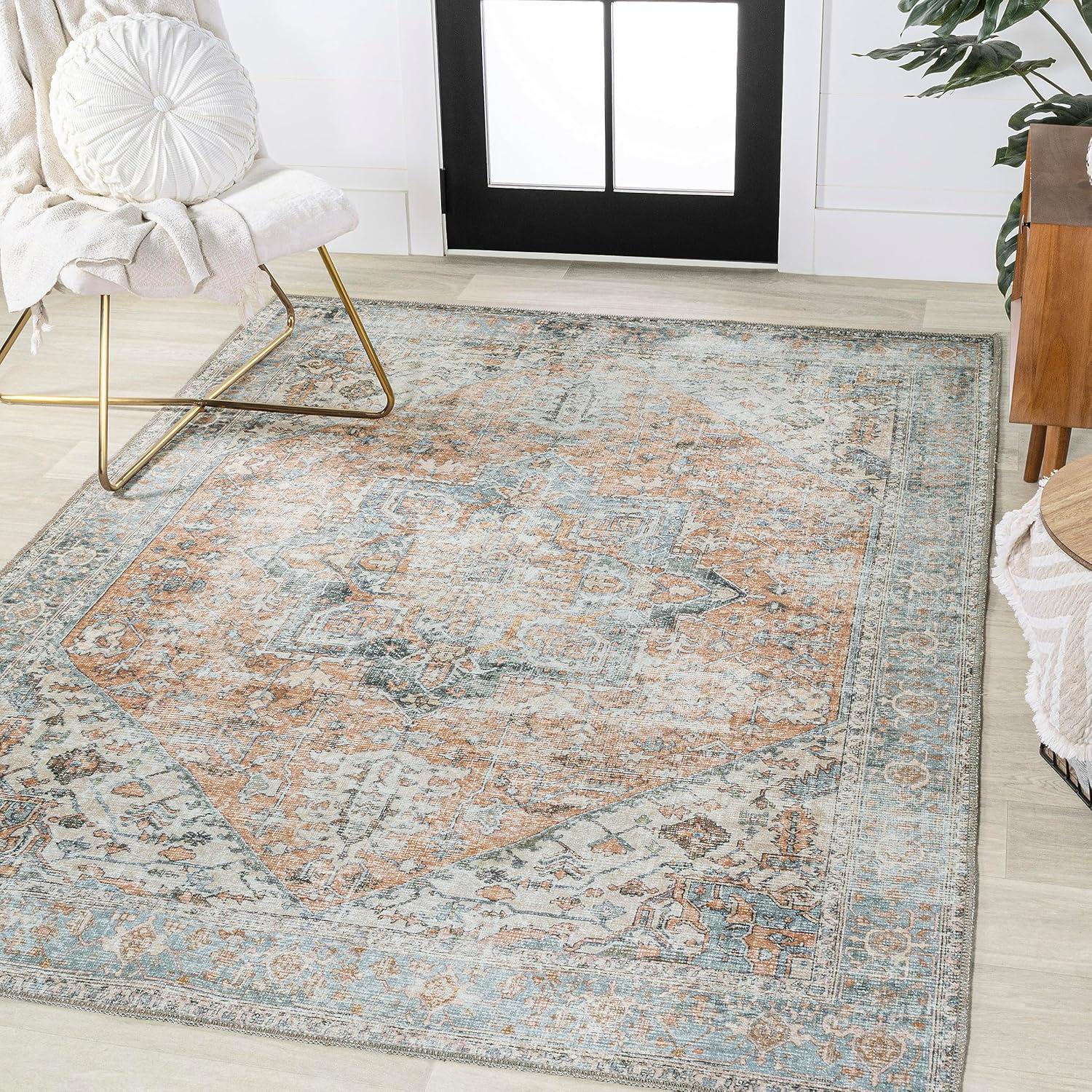image:imageJONATHAN Y Machine Washable TerraBlue Indoor Area Rug 3X5 ft Armae Distressed Medallion Chenille for Living Room Bedroom Kitchen Office EasyCleaning PetFriendly NonShedding WSH200A3