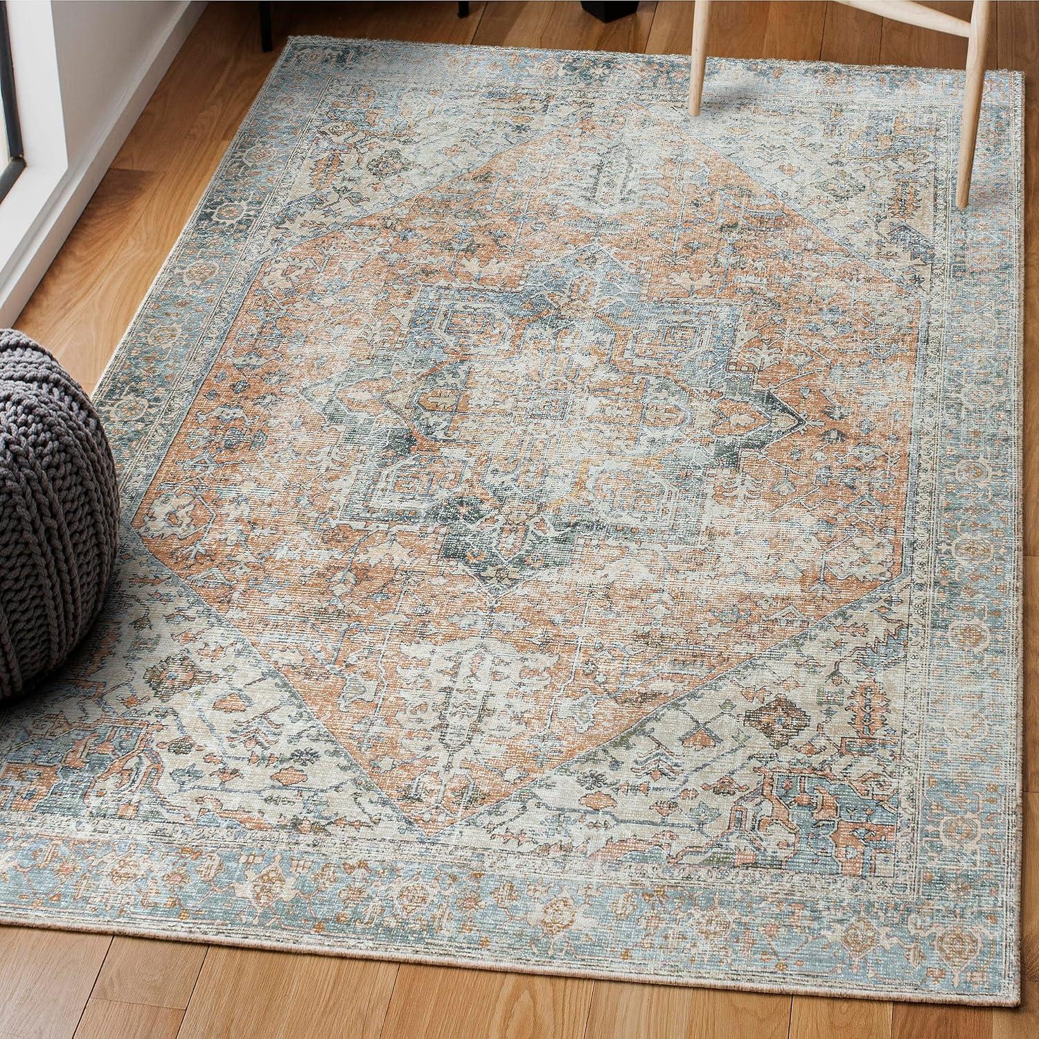 image:imageJONATHAN Y Machine Washable TerraBlue Indoor Area Rug 3X5 ft Armae Distressed Medallion Chenille for Living Room Bedroom Kitchen Office EasyCleaning PetFriendly NonShedding WSH200A3
