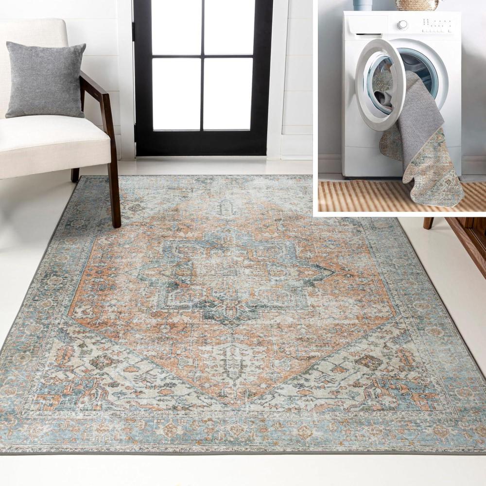 image:imageJONATHAN Y Machine Washable TerraBlue Indoor Area Rug 3X5 ft Armae Distressed Medallion Chenille for Living Room Bedroom Kitchen Office EasyCleaning PetFriendly NonShedding WSH200A3