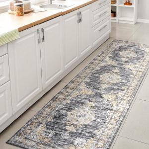 JONATHAN Y Machine Washable Indoor Area Rug 3X5 Dark Pink/Black/White, Bausch Bohemian Distressed Chenille for Living Room, Bedroom, Kitchen, Easy-Cleaning, Pet-Friendly, Non-Shedding WSH201B-3(Bausch-dark Gray/Yellow)