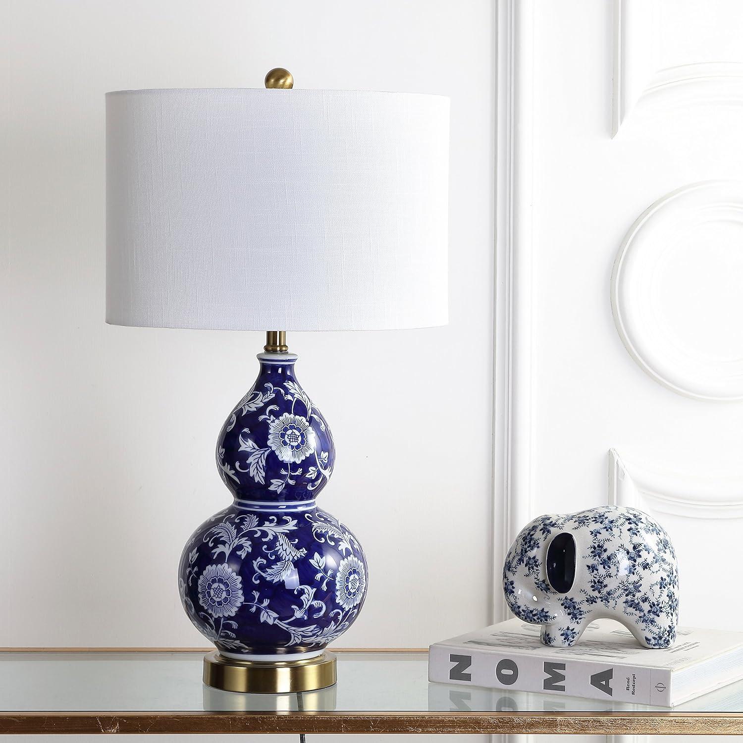 image:imageJONATHAN Y JYL3003A 27 Traditional Chinoiserie Ceramic Table Lamp Blue and White Bedside Lamp for Living Room Bedroom Nightstand End Table Desk Lamp with White Linen Drum Shade LED Bulb Included