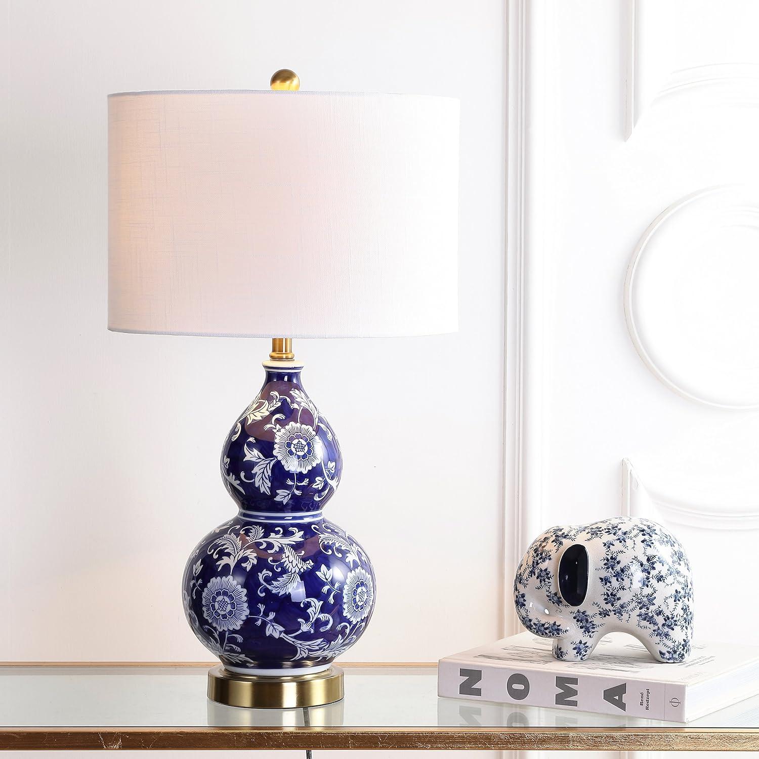 image:imageJONATHAN Y JYL3003A 27 Traditional Chinoiserie Ceramic Table Lamp Blue and White Bedside Lamp for Living Room Bedroom Nightstand End Table Desk Lamp with White Linen Drum Shade LED Bulb Included