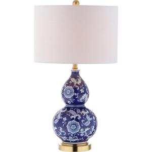JONATHAN Y JYL3003A 27″ Traditional Chinoiserie Ceramic Table Lamp, Blue and White Bedside Lamp for Living Room, Bedroom Nightstand, End Table Desk Lamp with White Linen Drum Shade, LED Bulb Included
