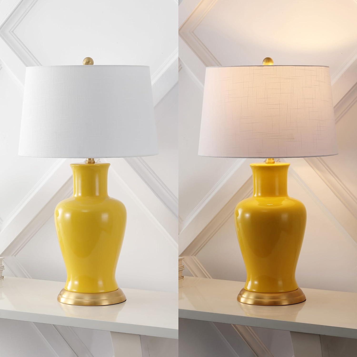 image:imageJONATHAN Y JYL4026H 29 Traditional Yellow and Gold Ceramic Urn Table Lamp for Living Room Classic Vintage Bedside Nightstand Lamp for Bedroom White Linen Drum Shade LED Bulb IncludedYellow
