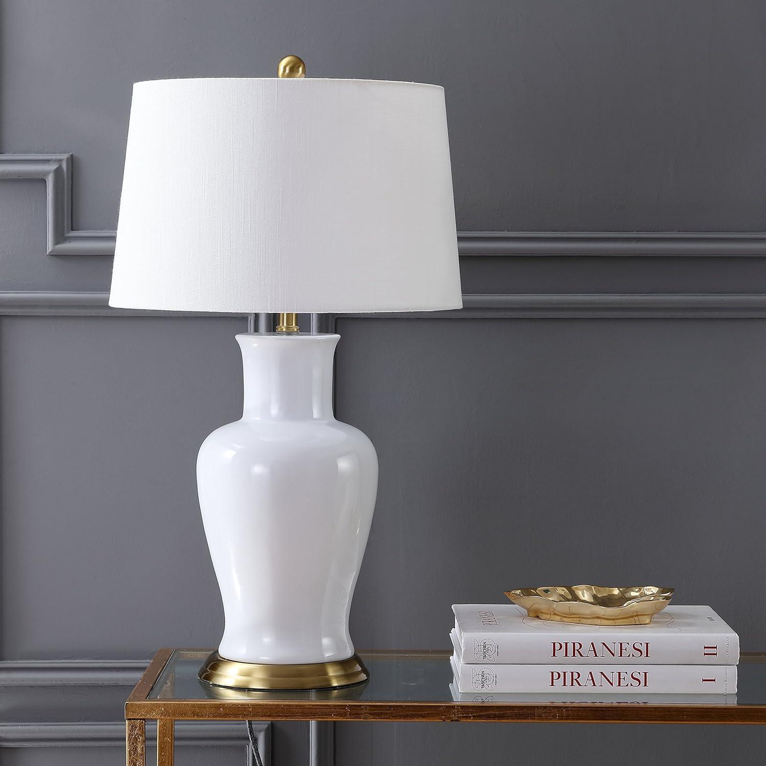 image:imageJONATHAN Y JYL4026H 29 Traditional Yellow and Gold Ceramic Urn Table Lamp for Living Room Classic Vintage Bedside Nightstand Lamp for Bedroom White Linen Drum Shade LED Bulb IncludedWhiteGold