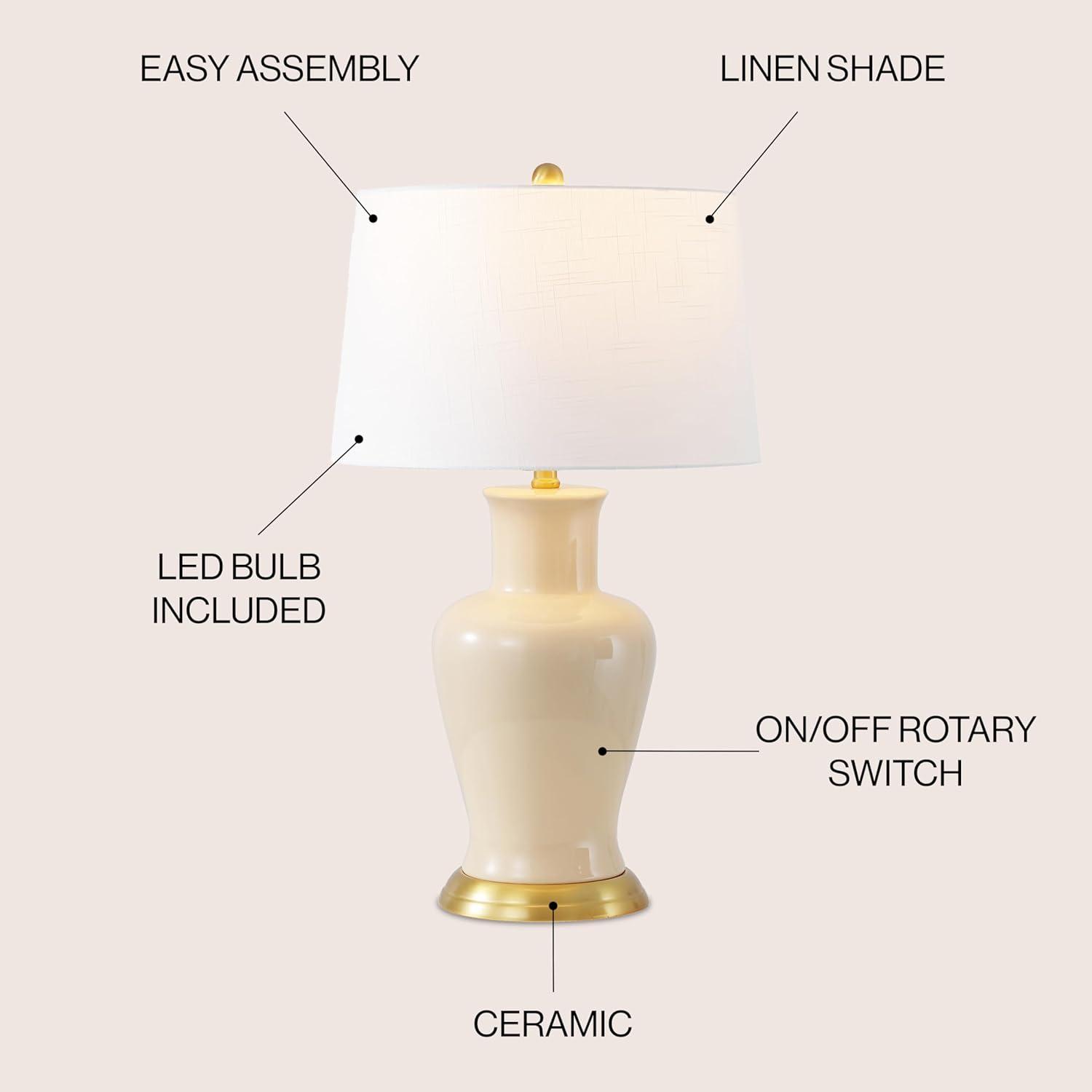 image:imageJONATHAN Y JYL4026H 29 Traditional Yellow and Gold Ceramic Urn Table Lamp for Living Room Classic Vintage Bedside Nightstand Lamp for Bedroom White Linen Drum Shade LED Bulb IncludedAlmond