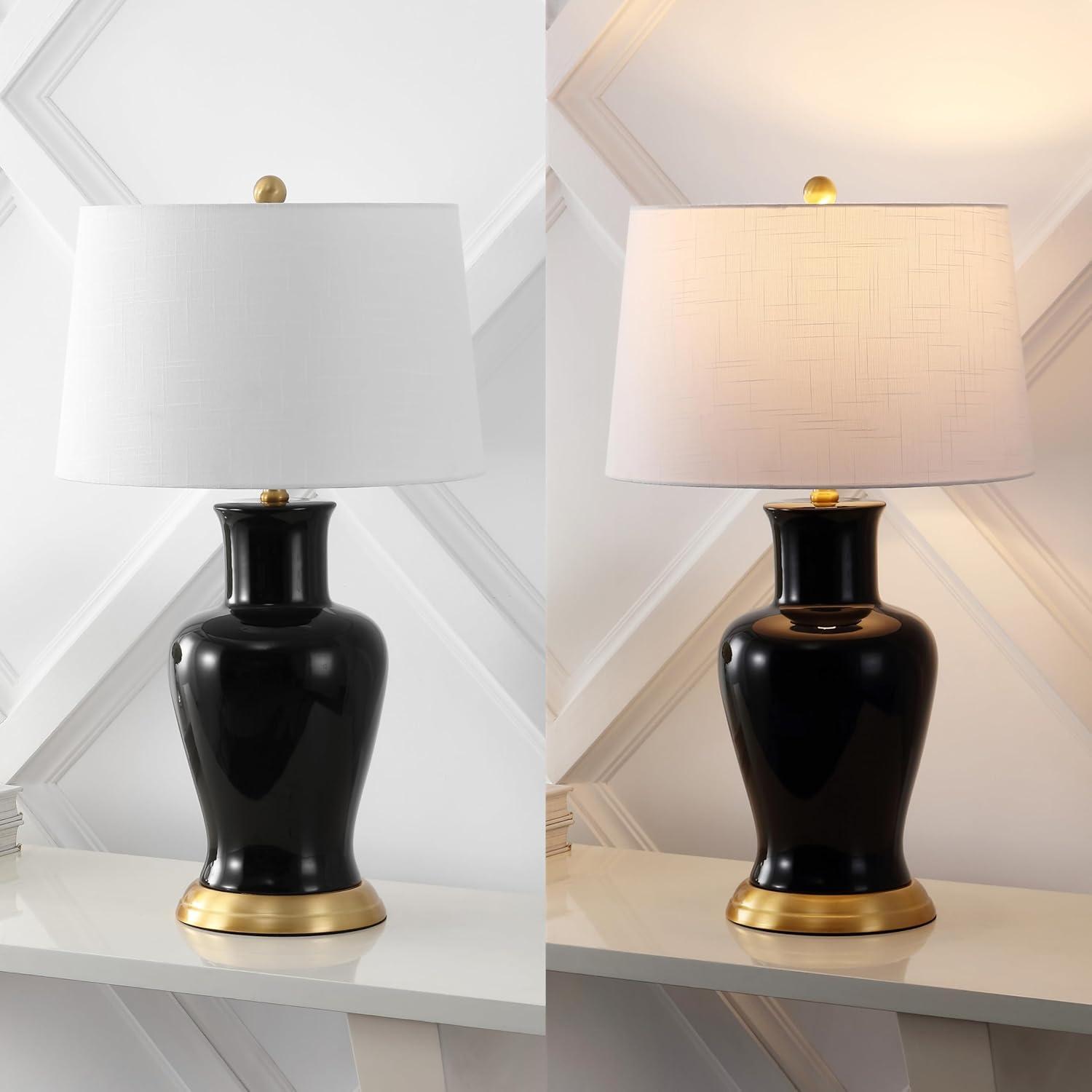 image:imageJONATHAN Y JYL4026H 29 Traditional Yellow and Gold Ceramic Urn Table Lamp for Living Room Classic Vintage Bedside Nightstand Lamp for Bedroom White Linen Drum Shade LED Bulb IncludedBlack