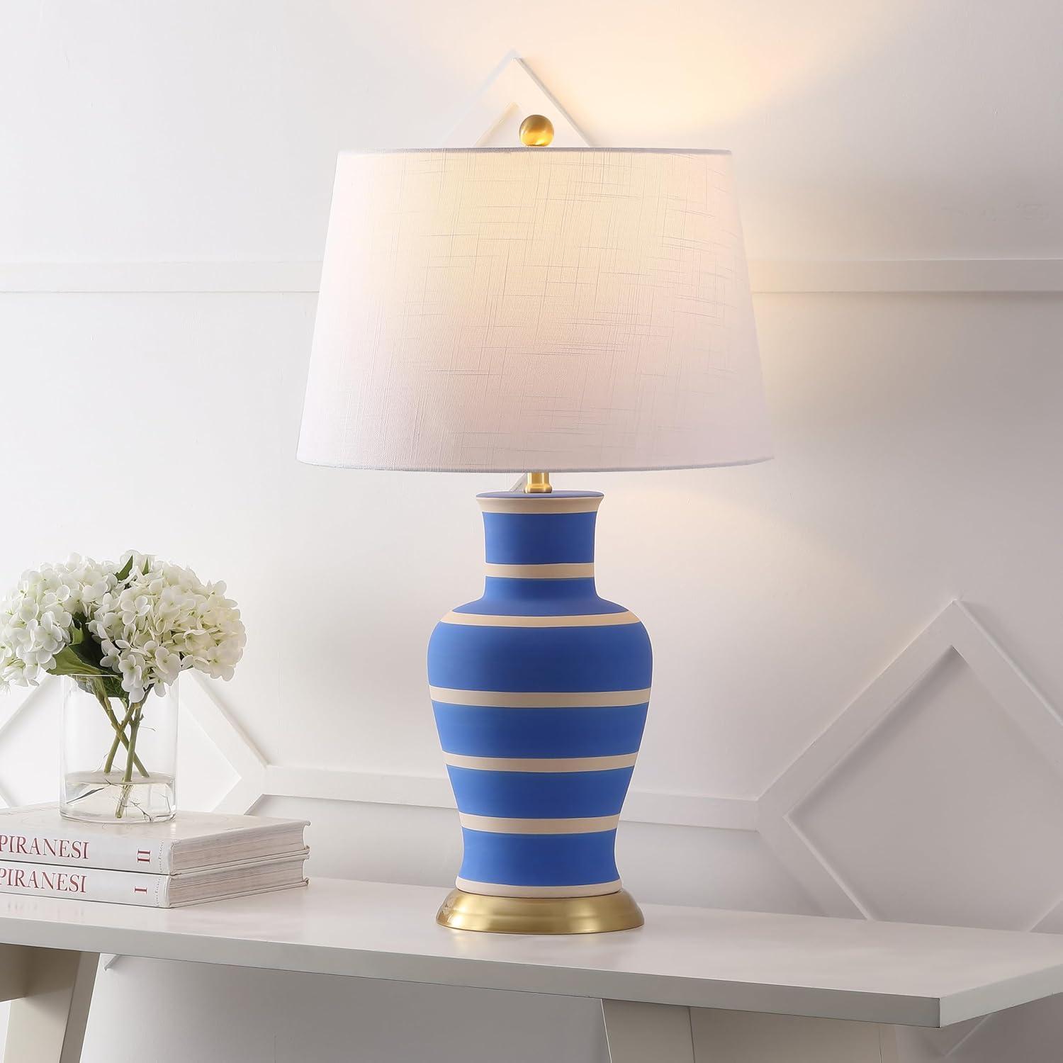 image:imageJONATHAN Y JYL4026H 29 Traditional Yellow and Gold Ceramic Urn Table Lamp for Living Room Classic Vintage Bedside Nightstand Lamp for Bedroom White Linen Drum Shade LED Bulb IncludedBlueBeige