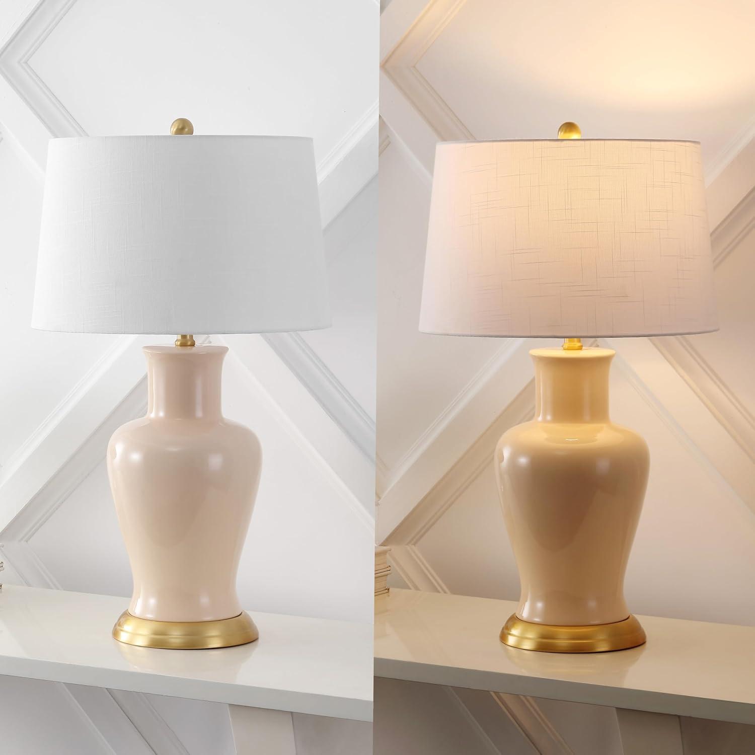 image:imageJONATHAN Y JYL4026H 29 Traditional Yellow and Gold Ceramic Urn Table Lamp for Living Room Classic Vintage Bedside Nightstand Lamp for Bedroom White Linen Drum Shade LED Bulb IncludedAlmond
