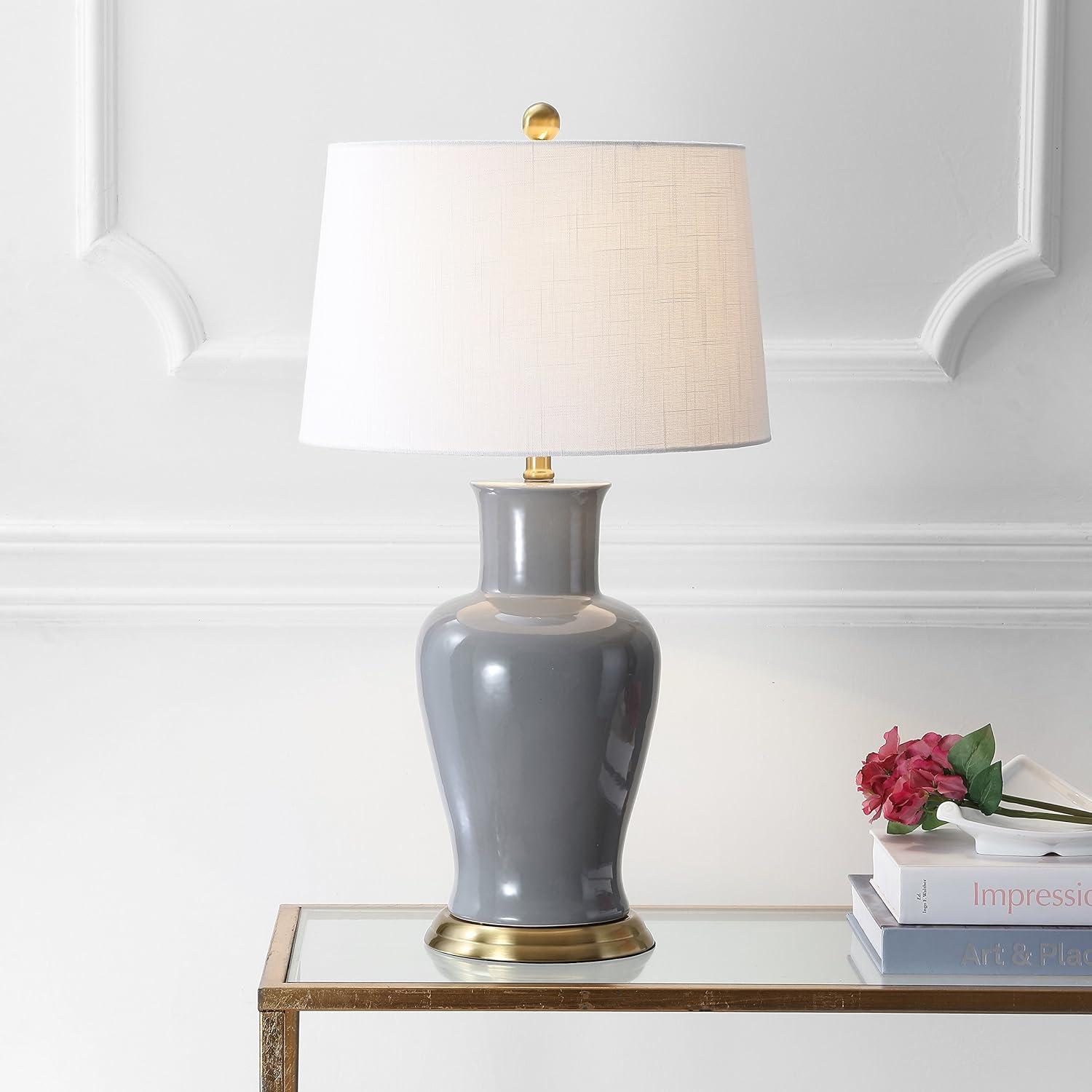 image:imageJONATHAN Y JYL4026H 29 Traditional Yellow and Gold Ceramic Urn Table Lamp for Living Room Classic Vintage Bedside Nightstand Lamp for Bedroom White Linen Drum Shade LED Bulb IncludedGray