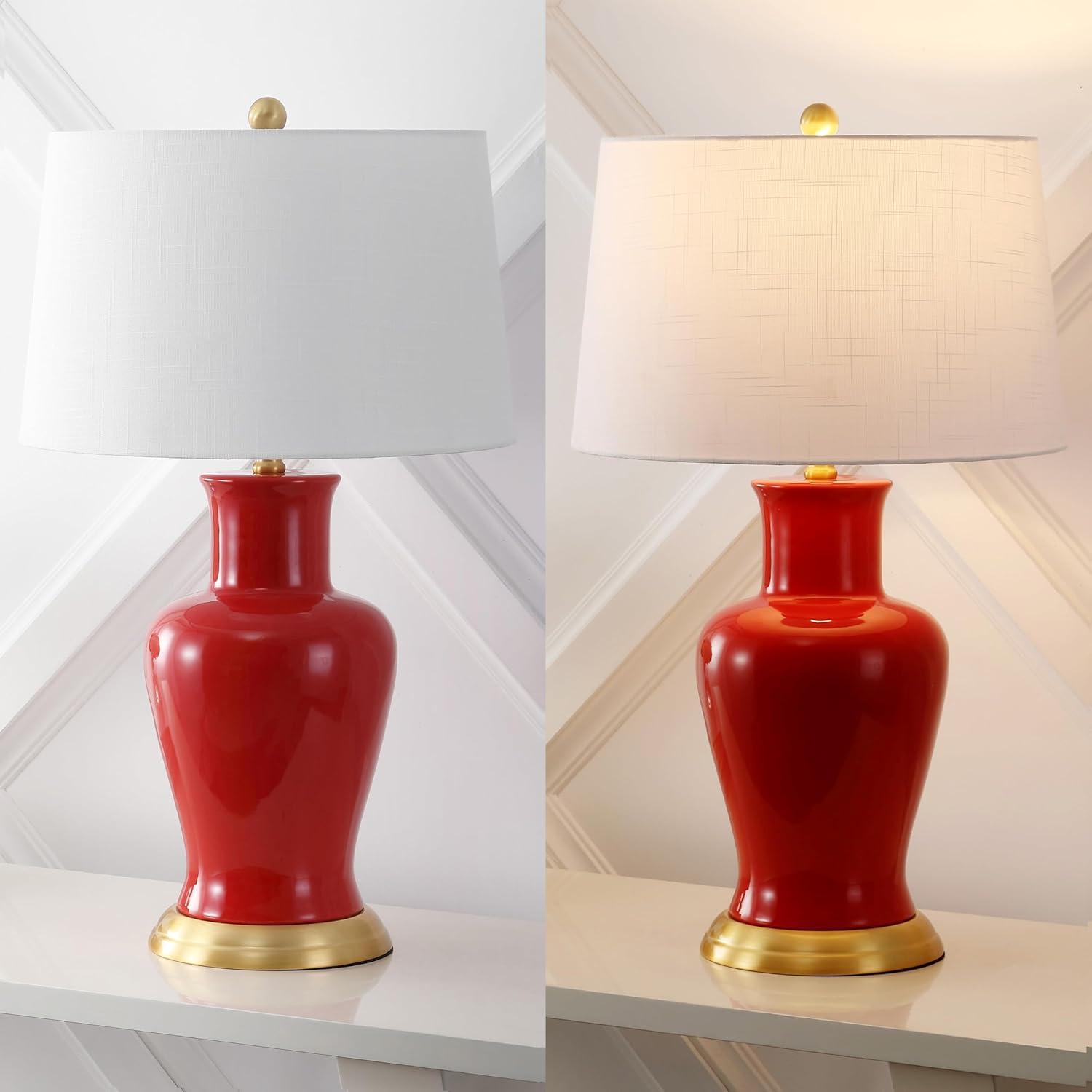 image:imageJONATHAN Y JYL4026H 29 Traditional Yellow and Gold Ceramic Urn Table Lamp for Living Room Classic Vintage Bedside Nightstand Lamp for Bedroom White Linen Drum Shade LED Bulb IncludedRed