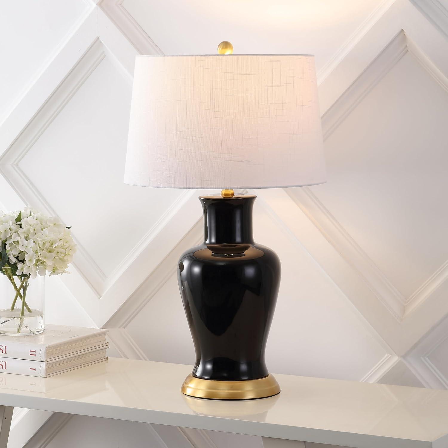 image:imageJONATHAN Y JYL4026H 29 Traditional Yellow and Gold Ceramic Urn Table Lamp for Living Room Classic Vintage Bedside Nightstand Lamp for Bedroom White Linen Drum Shade LED Bulb IncludedBlack