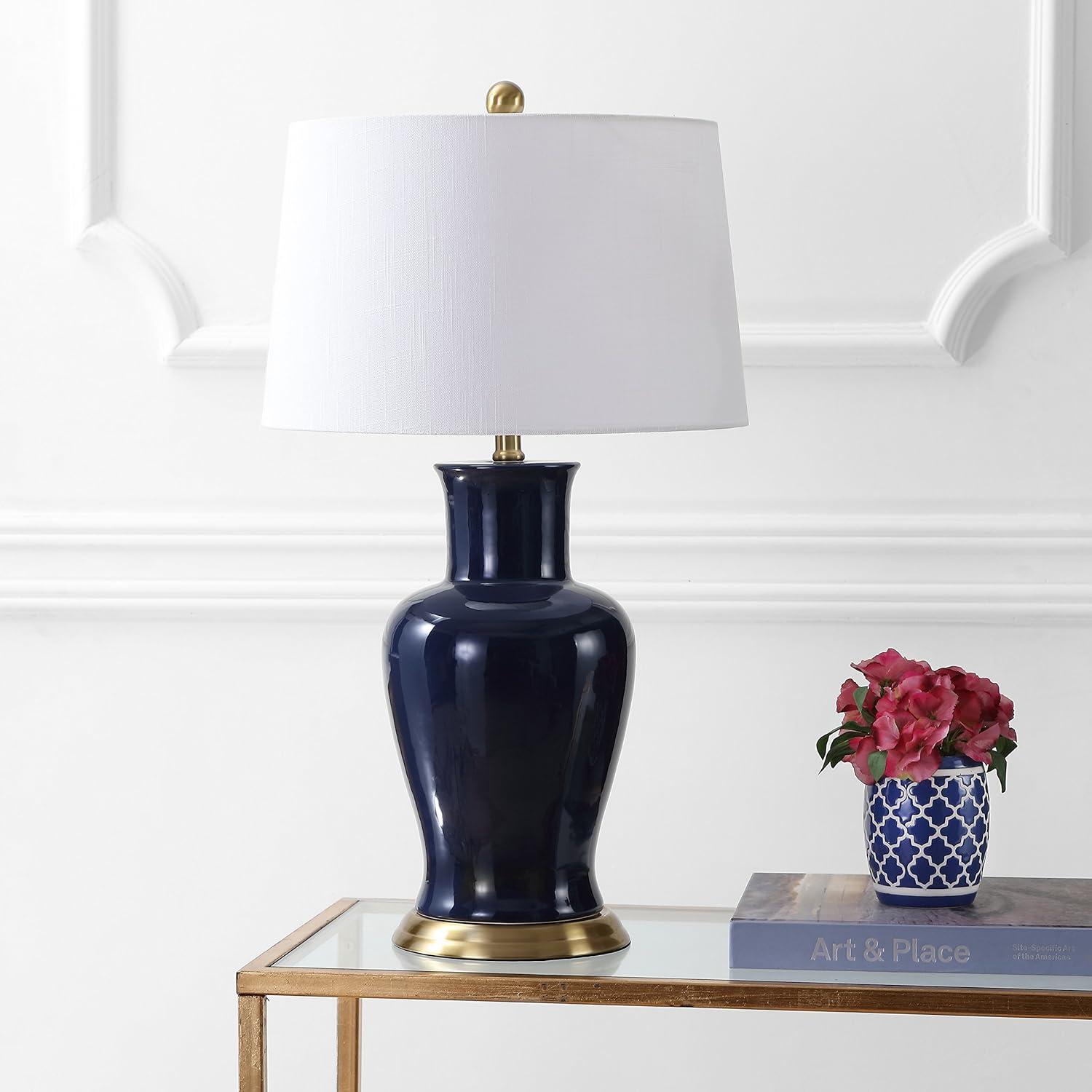 image:imageJONATHAN Y JYL4026H 29 Traditional Yellow and Gold Ceramic Urn Table Lamp for Living Room Classic Vintage Bedside Nightstand Lamp for Bedroom White Linen Drum Shade LED Bulb IncludedNavy