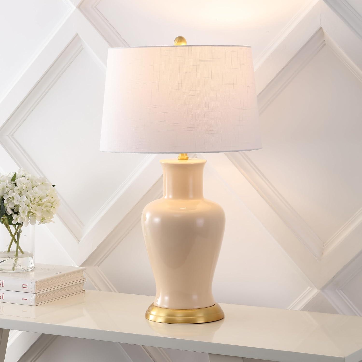 image:imageJONATHAN Y JYL4026H 29 Traditional Yellow and Gold Ceramic Urn Table Lamp for Living Room Classic Vintage Bedside Nightstand Lamp for Bedroom White Linen Drum Shade LED Bulb IncludedAlmond