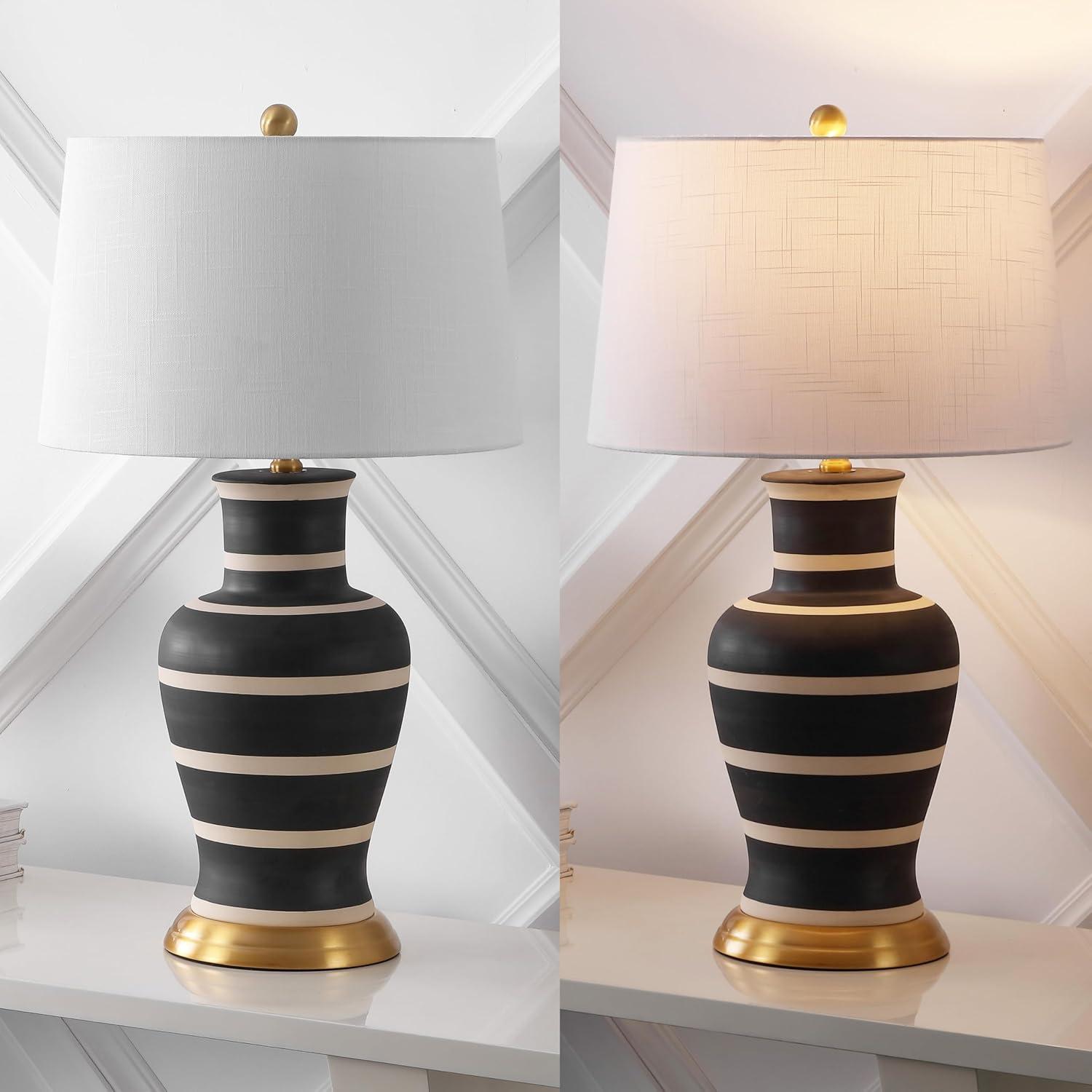 image:imageJONATHAN Y JYL4026H 29 Traditional Yellow and Gold Ceramic Urn Table Lamp for Living Room Classic Vintage Bedside Nightstand Lamp for Bedroom White Linen Drum Shade LED Bulb IncludedBlackBeige